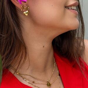 18k Gold Plated Bow Shaped Heart Pendant Earrings